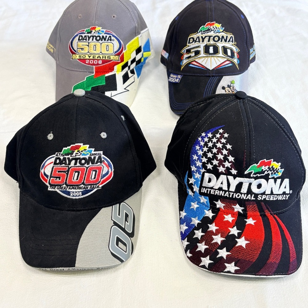 Lot 4 Vtg Daytona 500 Baseball Hats Embroidered Disney Mickey Anniv. '04-08'